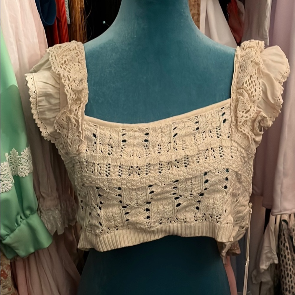 Another Love Ivory Crochet Square-Neck Crop Top
